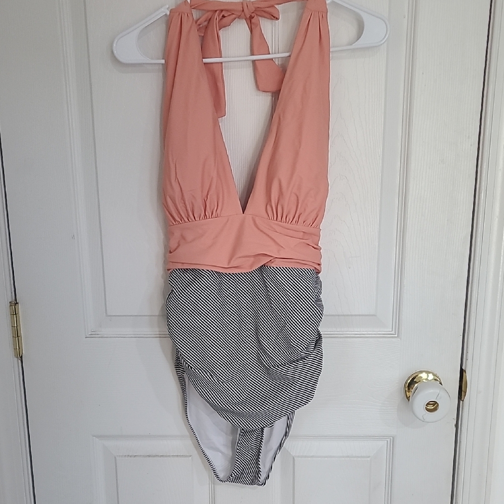 Peach and Black Striped Kids One Piece Swimsuit